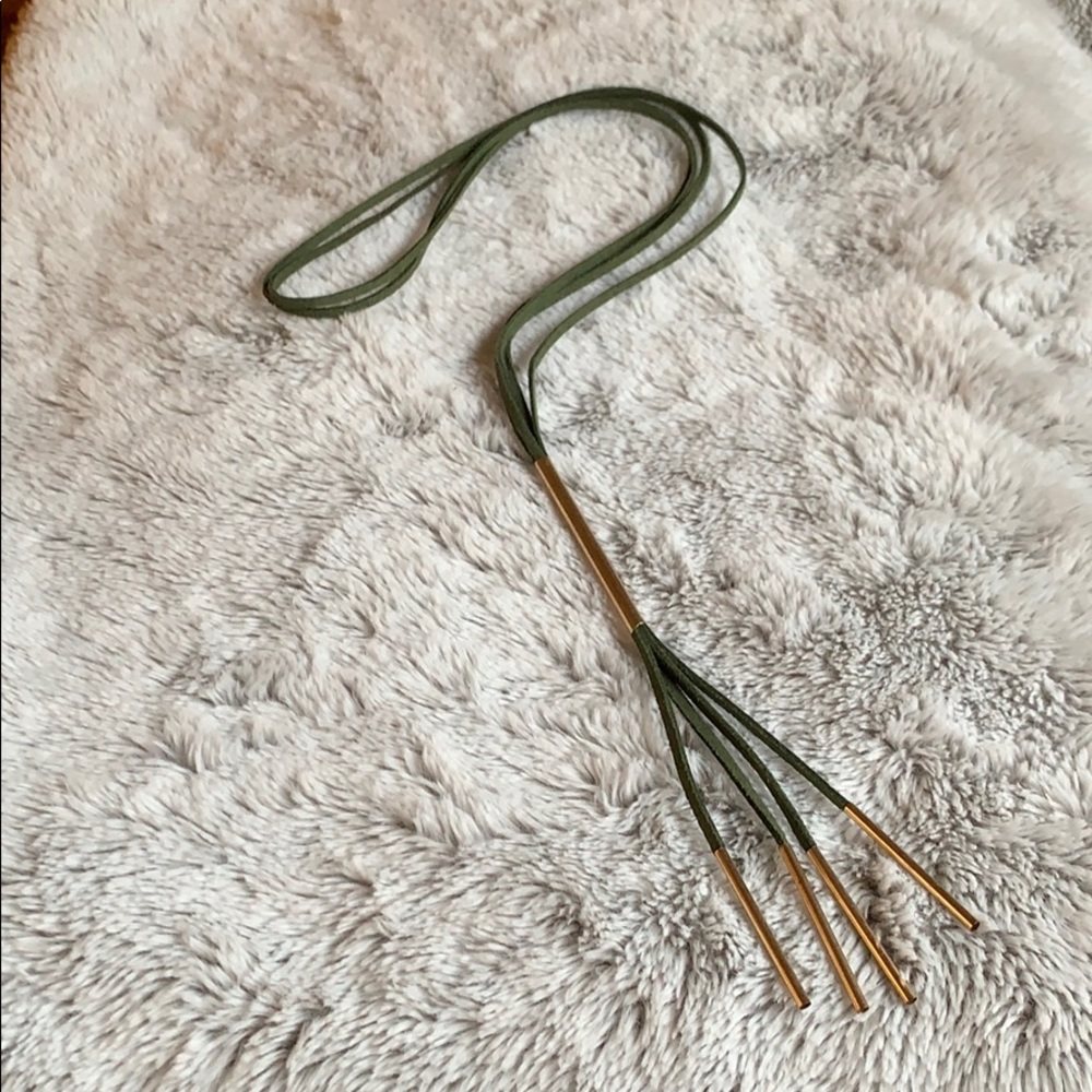 Green Leather and Gold piece tassel necklace